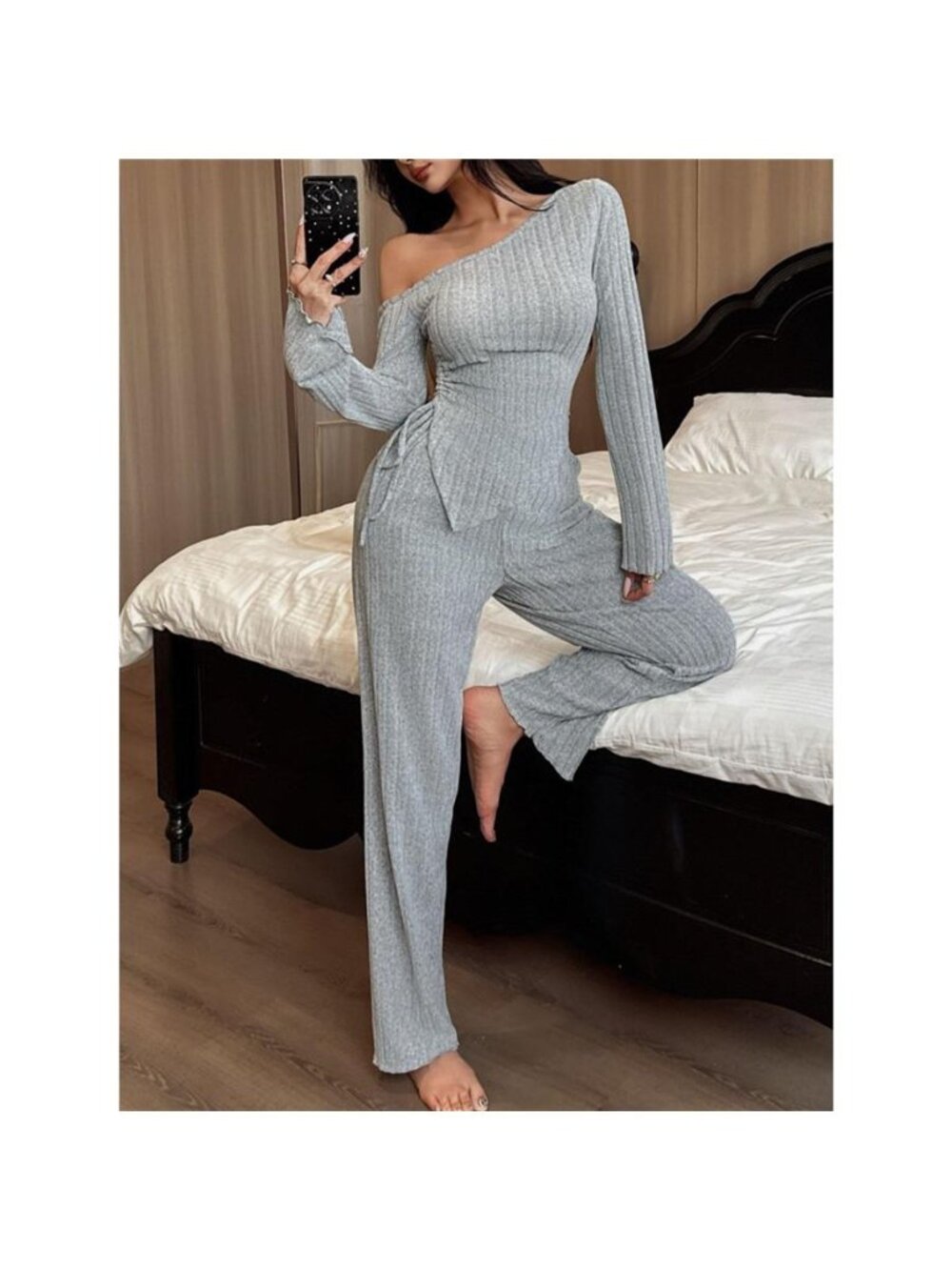 One-Shoulder Ribbed Knit Top and Pants Set